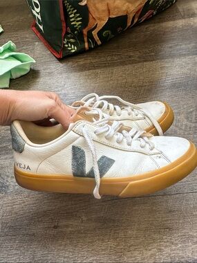 Veja White Leather Sneakers with Gray/blue Logo and Gum Sole